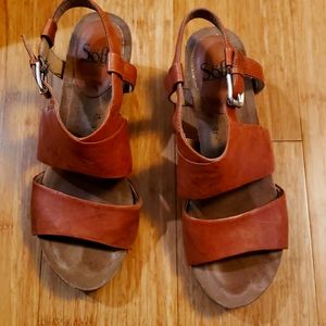 Sofft Sandals, brown leather, stack 2.5 inch heel, gently used